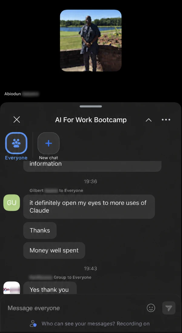 Bootcamp testimonial message
